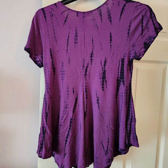 The Paragon Purple Tie-Dye V-Neck Short Sleeve Flared Tunic Top Sz L Boho - Picture 2 of 8